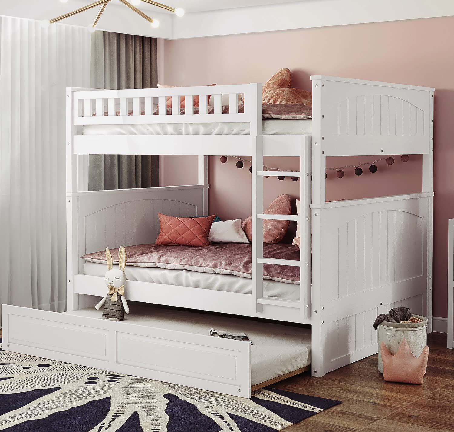【Furniture】Full Over Full Bunk Bed for Kids Teens, Detachable Wood Full Bunk Bed Frame with Trundle