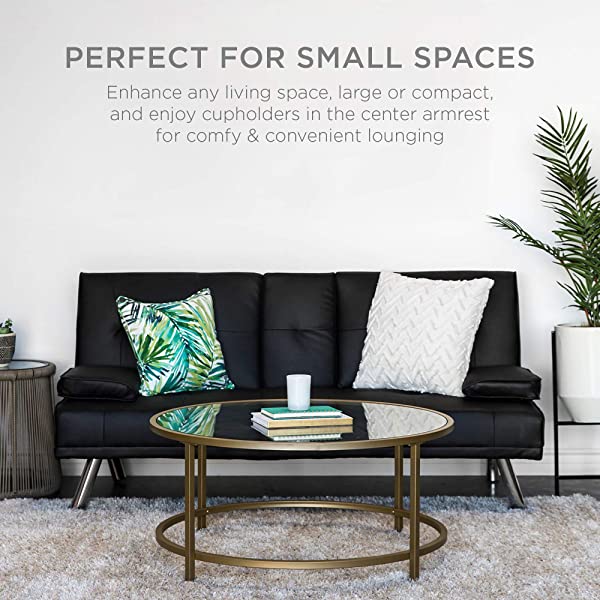 Best Choice Products Faux Leather Upholstered Modern Convertible Folding Futon Sofa Bed for Compact Living Space, Apartment, Dorm, Bonus Room w/Removable Armrests, Metal Legs, 2 Cupholders - Black