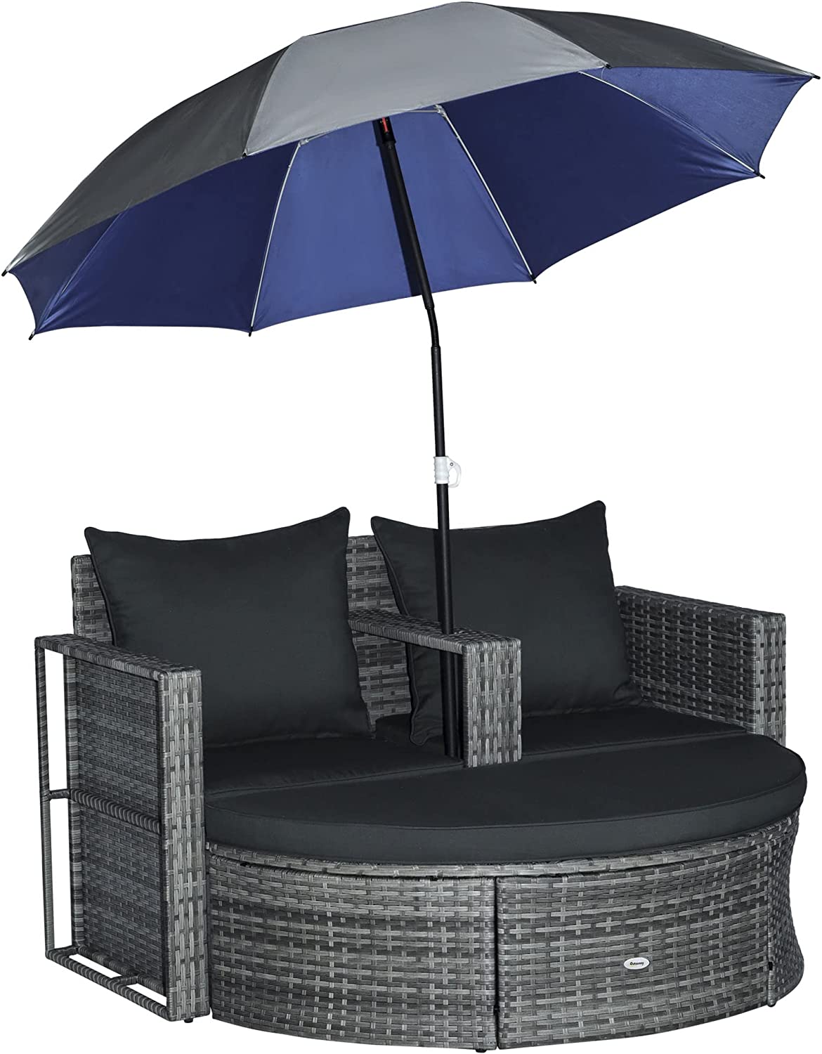 【Furniture】 Ensemble de Salon de Jardin 2 pièces en résine tressée - canapé 2 Places avec Coussins + Parasol + Repose-Pieds - Gris