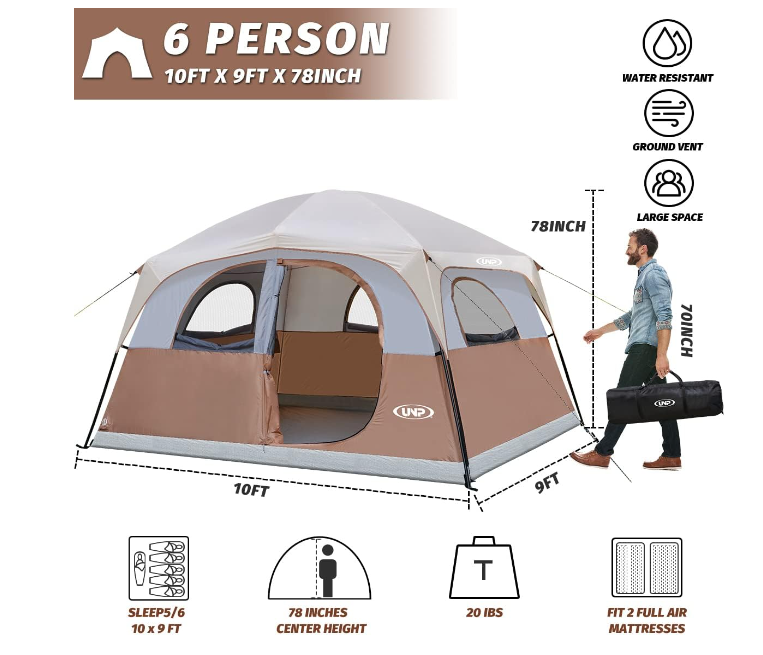 UNP Tents 6 Person Waterproof and Windproof Easy Setup, Double Layer Family Camping Tent