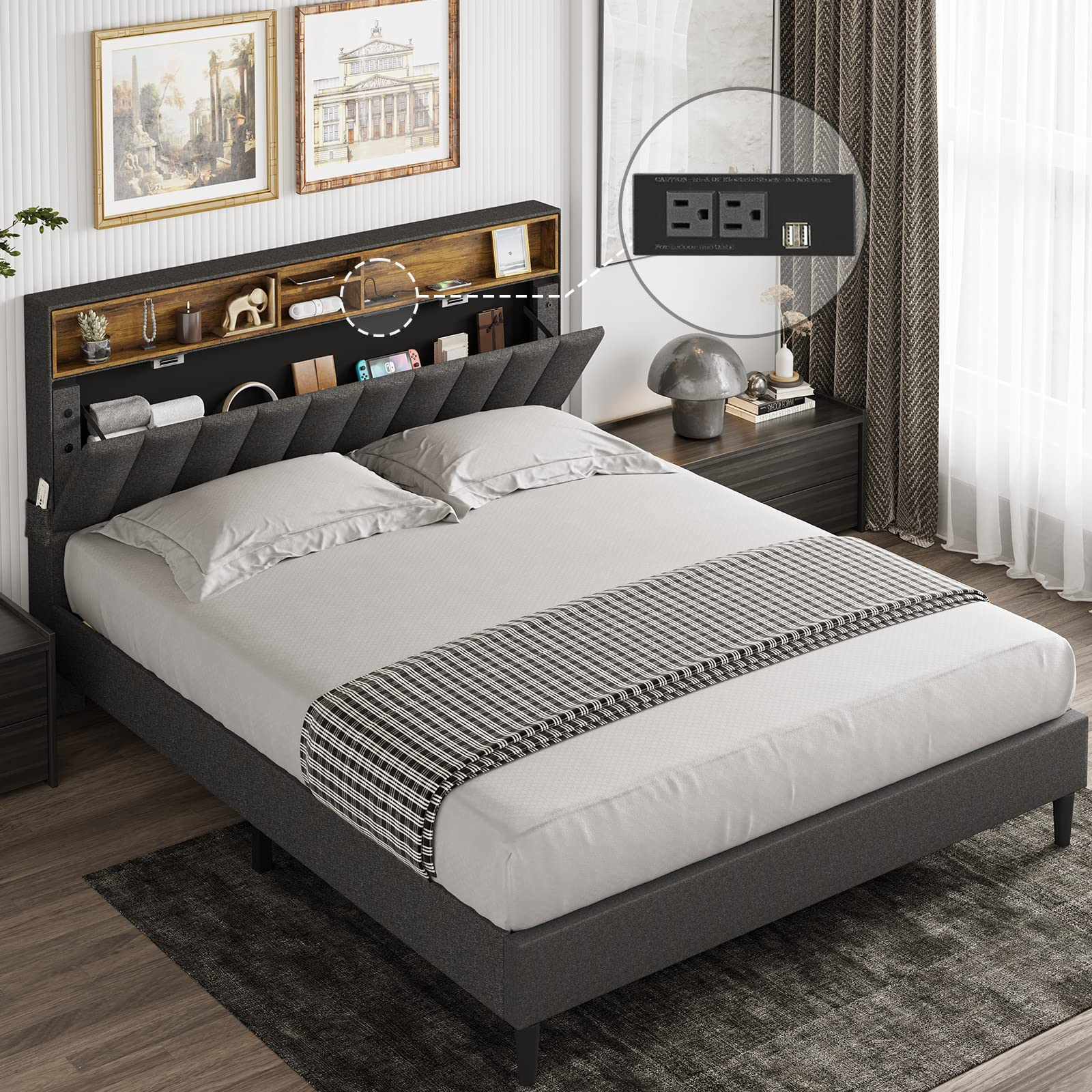 【Furniture】Queen Bed Frame with USB Ports and Outlets, Upholstered Platform Bed with Storage Headboard