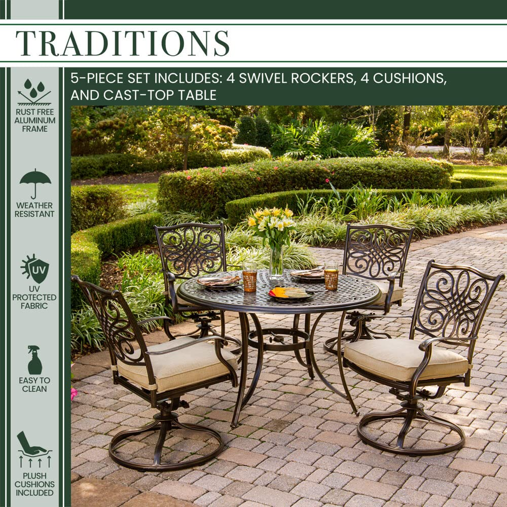 【Home&Garden】5-Piece Cast Aluminum Outdoor Patio Dining Set, 4 Swivel Rocker Chairs & 48 Round Table