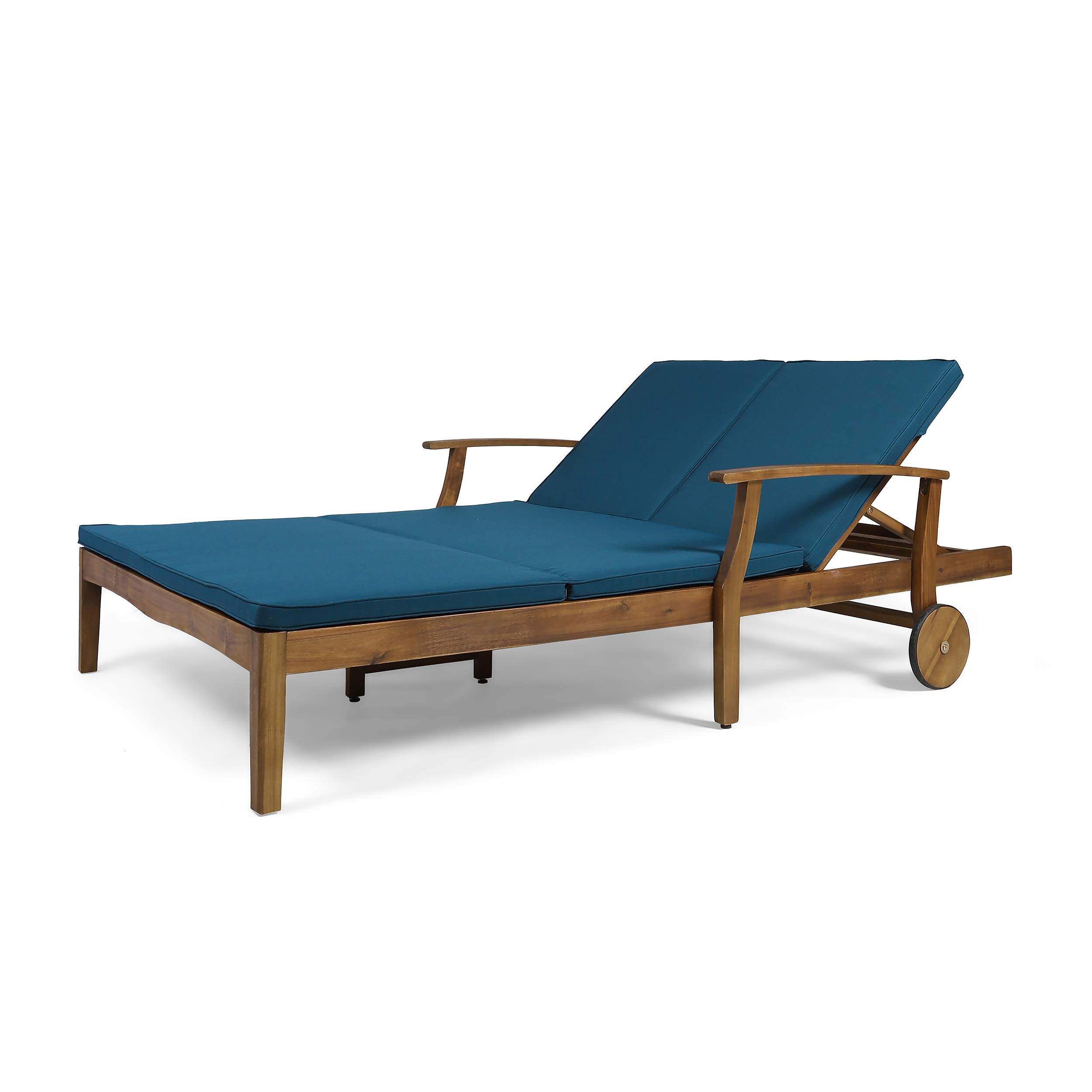 【Home&Garden】Samantha Double Chaise Lounge for Yard & Patio, Acacia Wood Frame, Teak Finish with Cushions