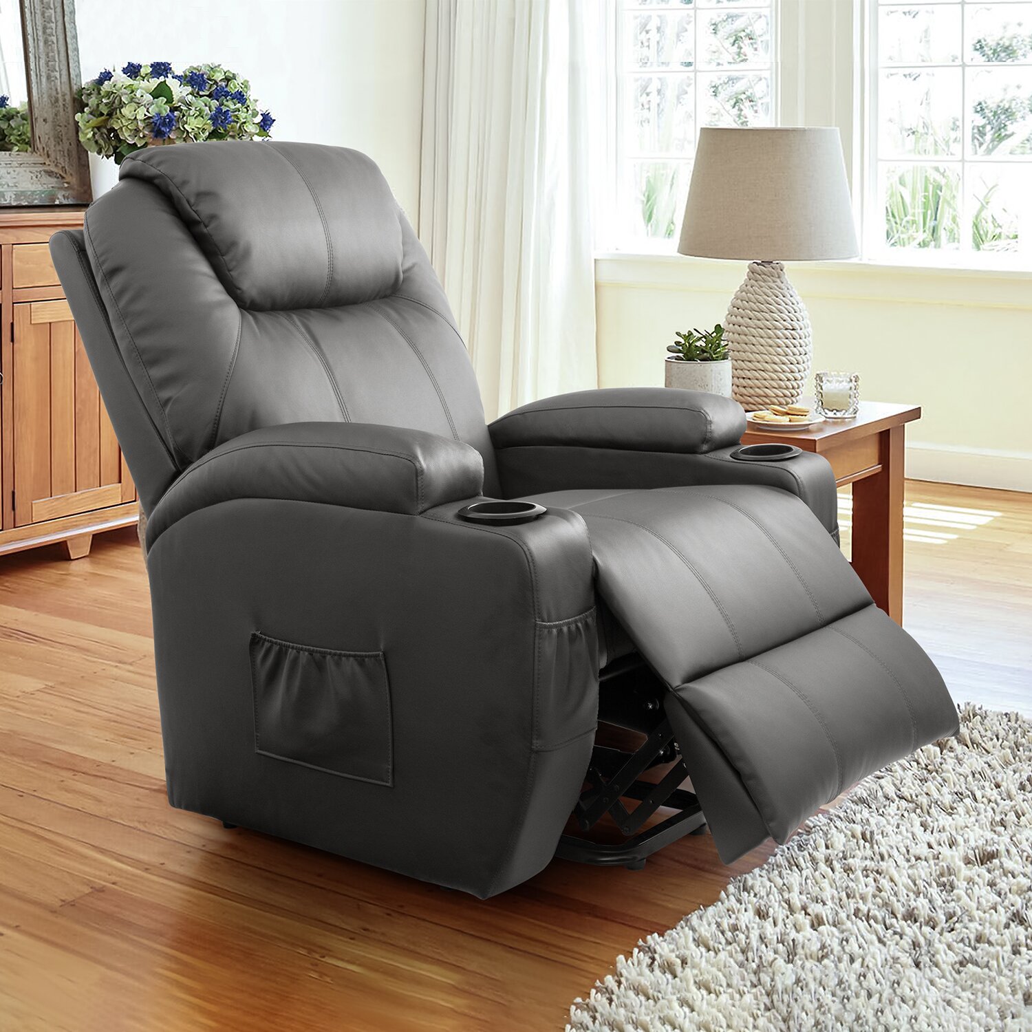 【Furniture】【BS】Faux Leather Power Lift Recliner Chair with Massage and Heating Functions