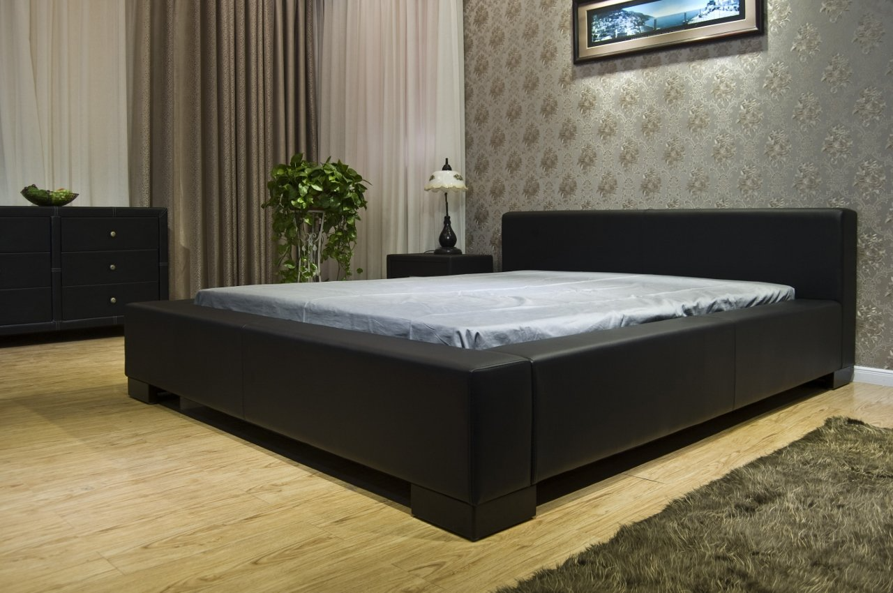 【Furniture】Classic Symmetrical Bed, California King Size Bed Frame, Color Black Upholstered Platform Bed