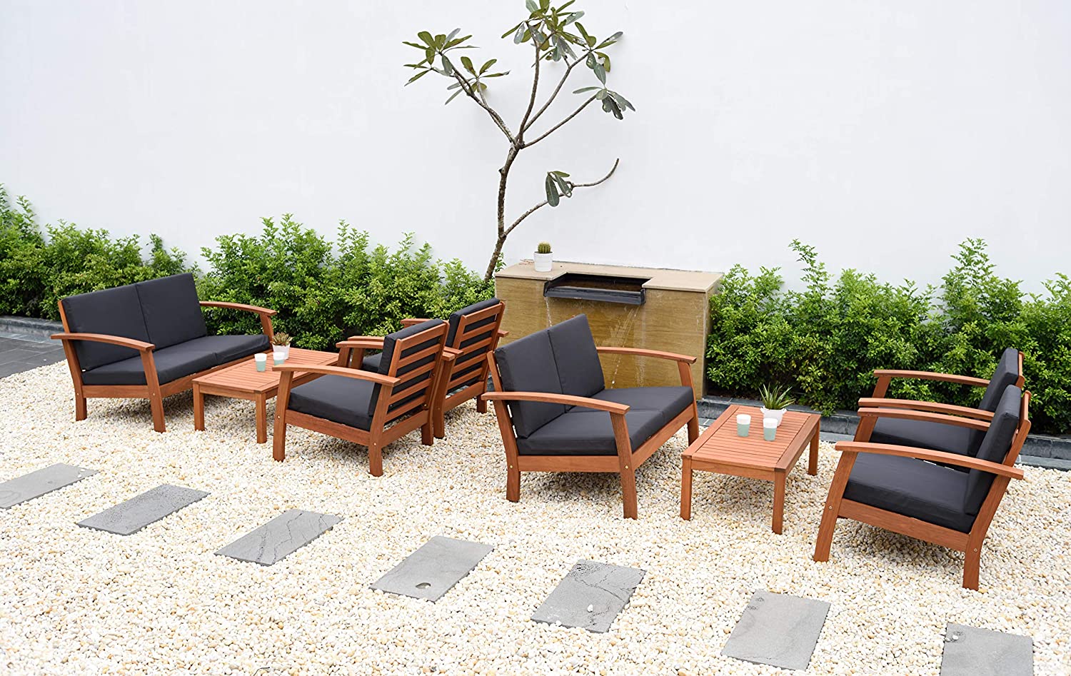 【Furniture】Patio 8-Pc Deluxe Conversation Set | Dark Teak Finish | Ideal for Indoors Outdoors