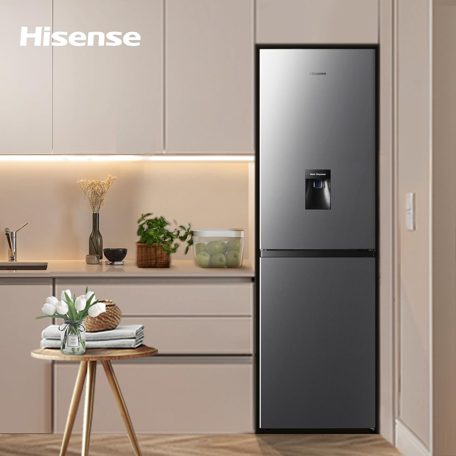 Hisense RB327N4WCE 55cm Freestanding 5050 Fridge Freezer - 251 litre capacity - Total No Frost - Non-plumbed Water Dispenser - Silver - E Rated, H182.4 x W55 x D55.6 (cm)