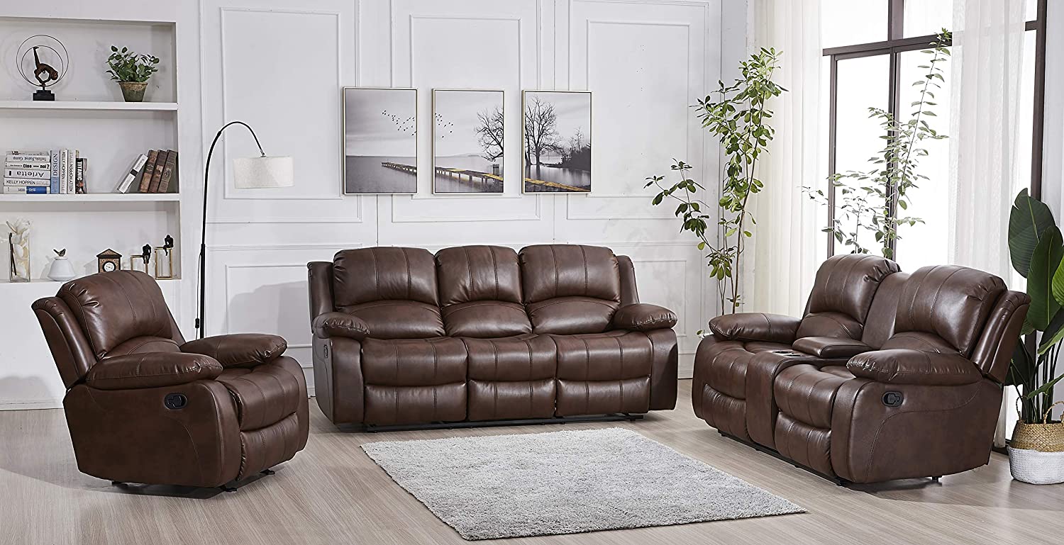 Betsy Furniture 3PC Bonded Leather Recliner Set Living Room Set, Sofa, Loveseat, Chair 8018 (Brown, Living Room Set 3+2+1)