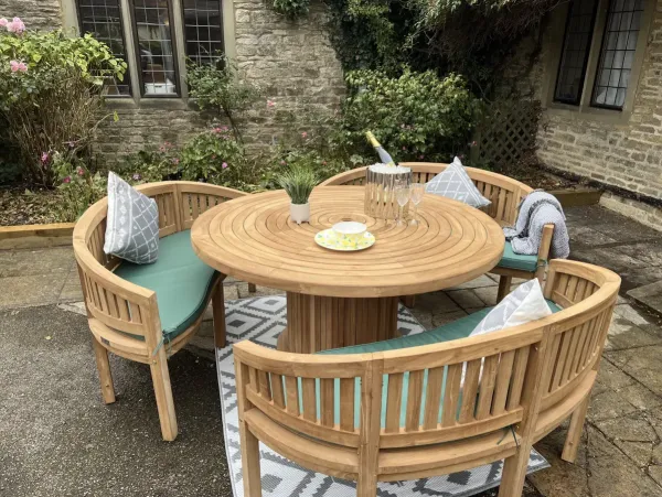 Teak Garden Furniture Round Table 150cm with 3 Bowood Benches