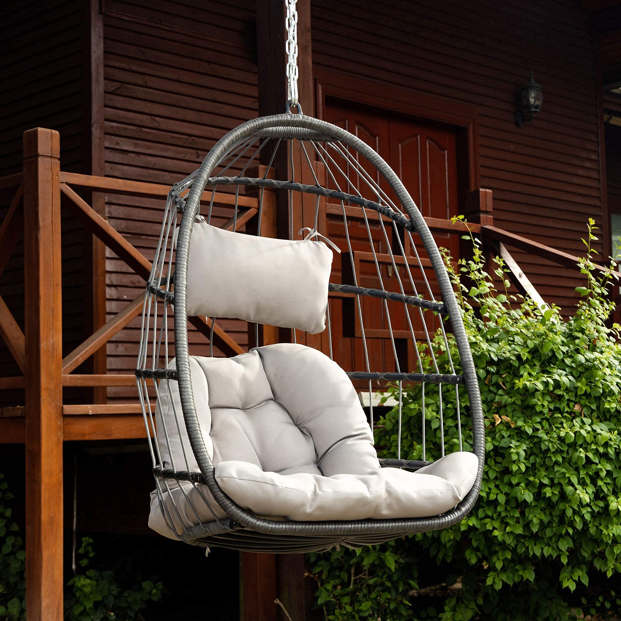 【Furniture】Wicker Rattan Hammock Egg Swing Chair with Hanging Chain, Aluminum Frame & UV Resistant Cushion