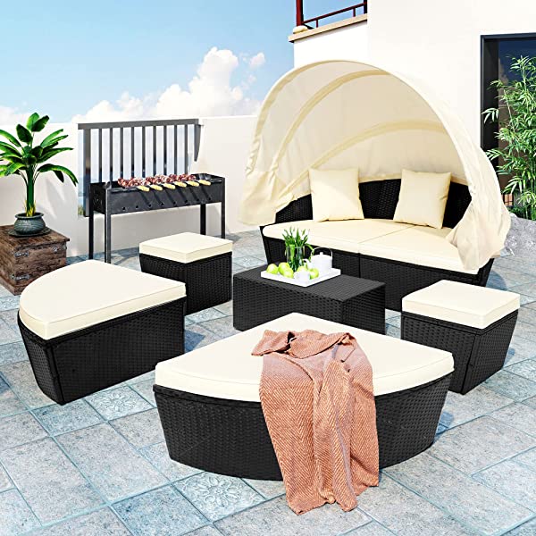 Merax All-Weather Outdoor Sectional Sofa Conversation Set Rattan Daybed Sunbed with Retractable Canopy, Separate Seating and Removable Blue Cushions Brown+blue