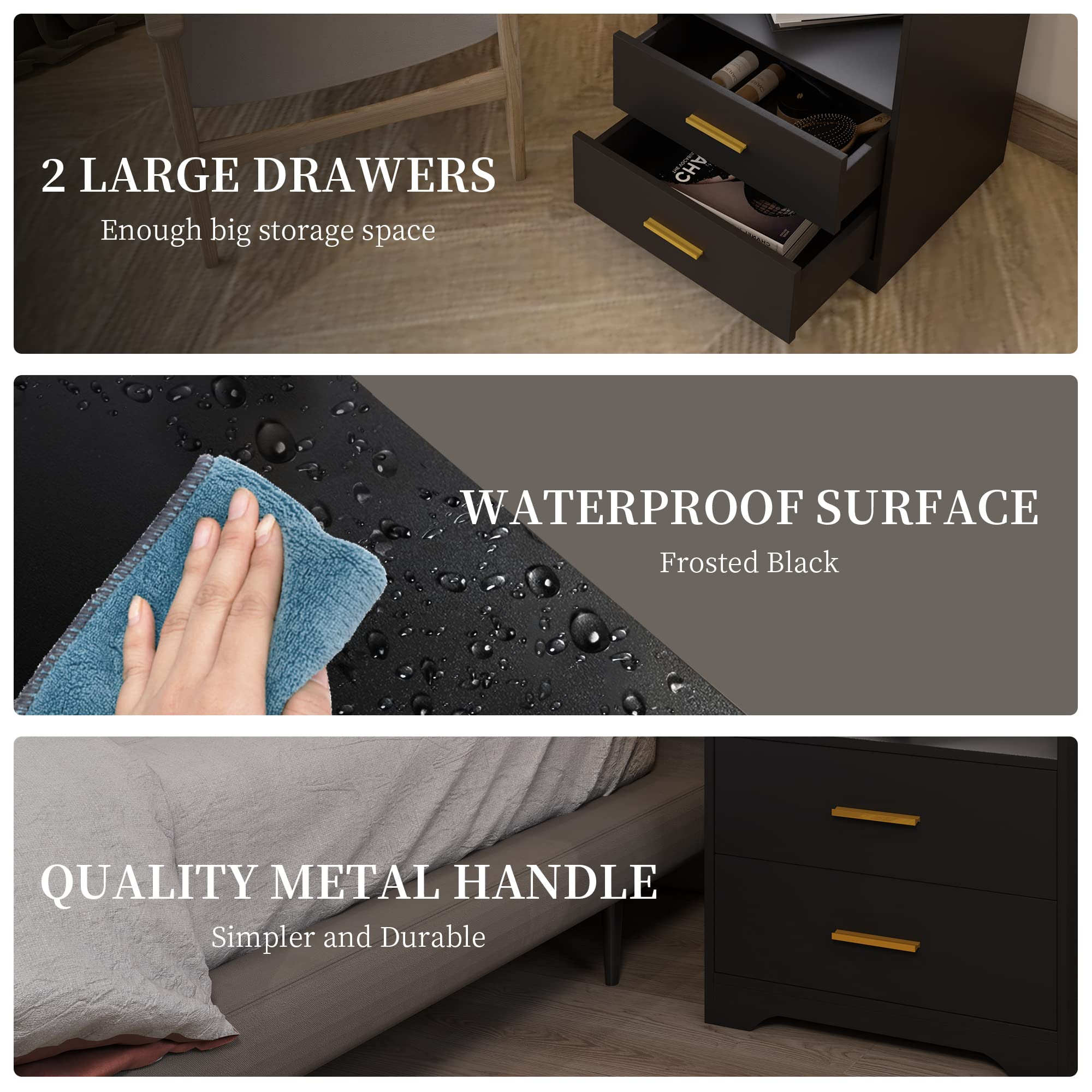 【Furniture】Black Nightstand with Charging Station, Night Stands with 2 Drawers, Smart Nightstand Bedside Table Led