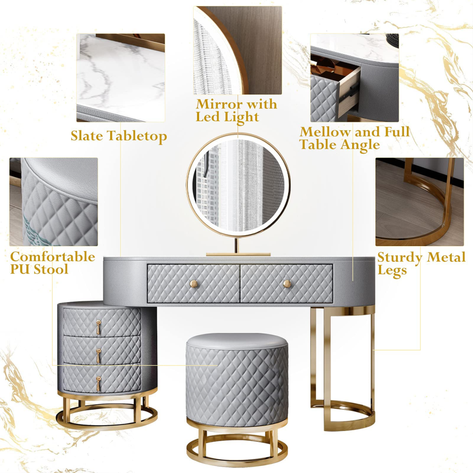 【Furniture】Dresser Table Vanity Makeup Table Set Makeup with 5 Drawers Dressing Table with Lighted Mirror