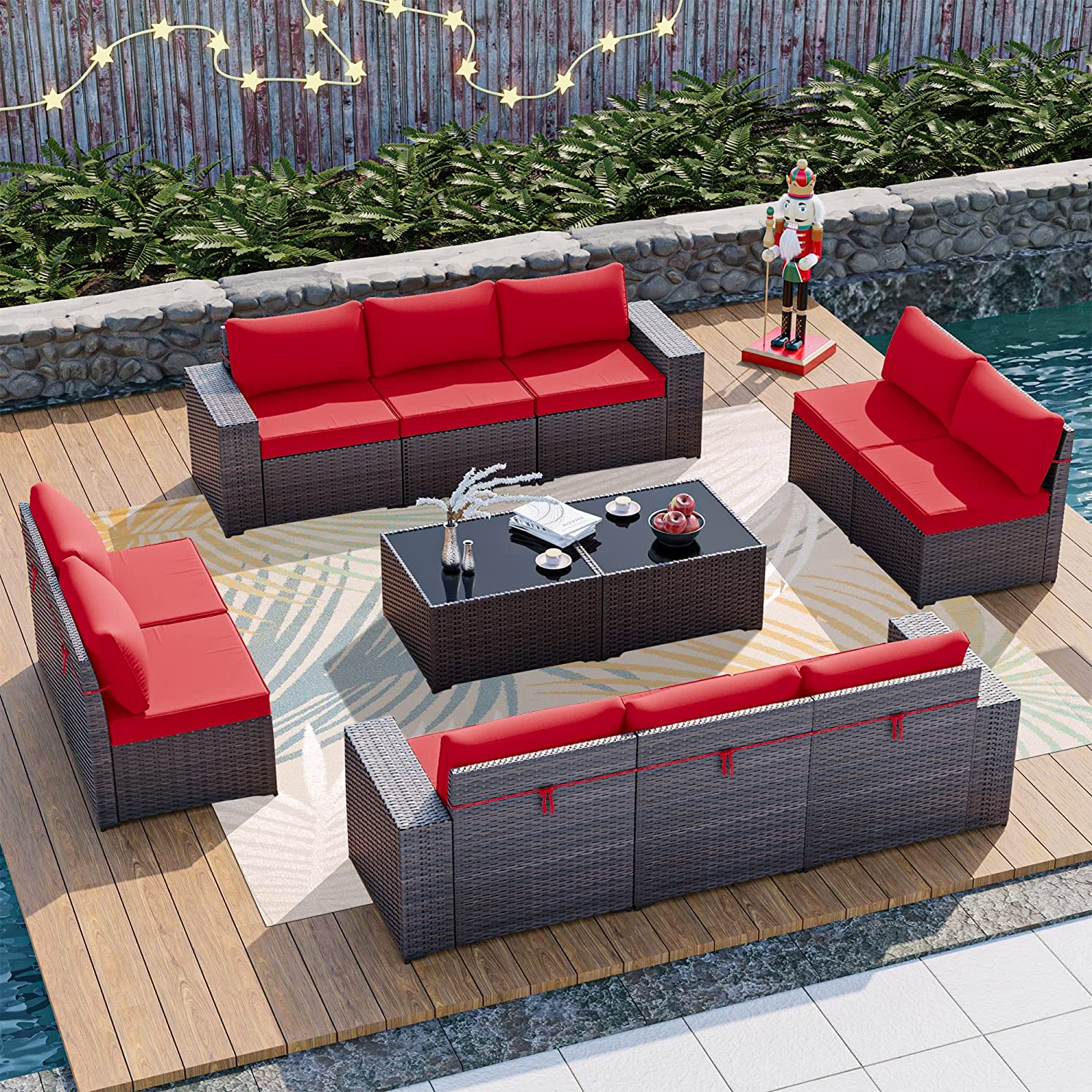 【Furniture】12 Pcs Outdoor Patio Furniture Set Sectional Sofa Sets Brown PE Rattan Patio Conversation Set